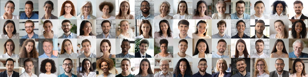 a number of thumbnails of diverse people, inc in age, like a video conference image