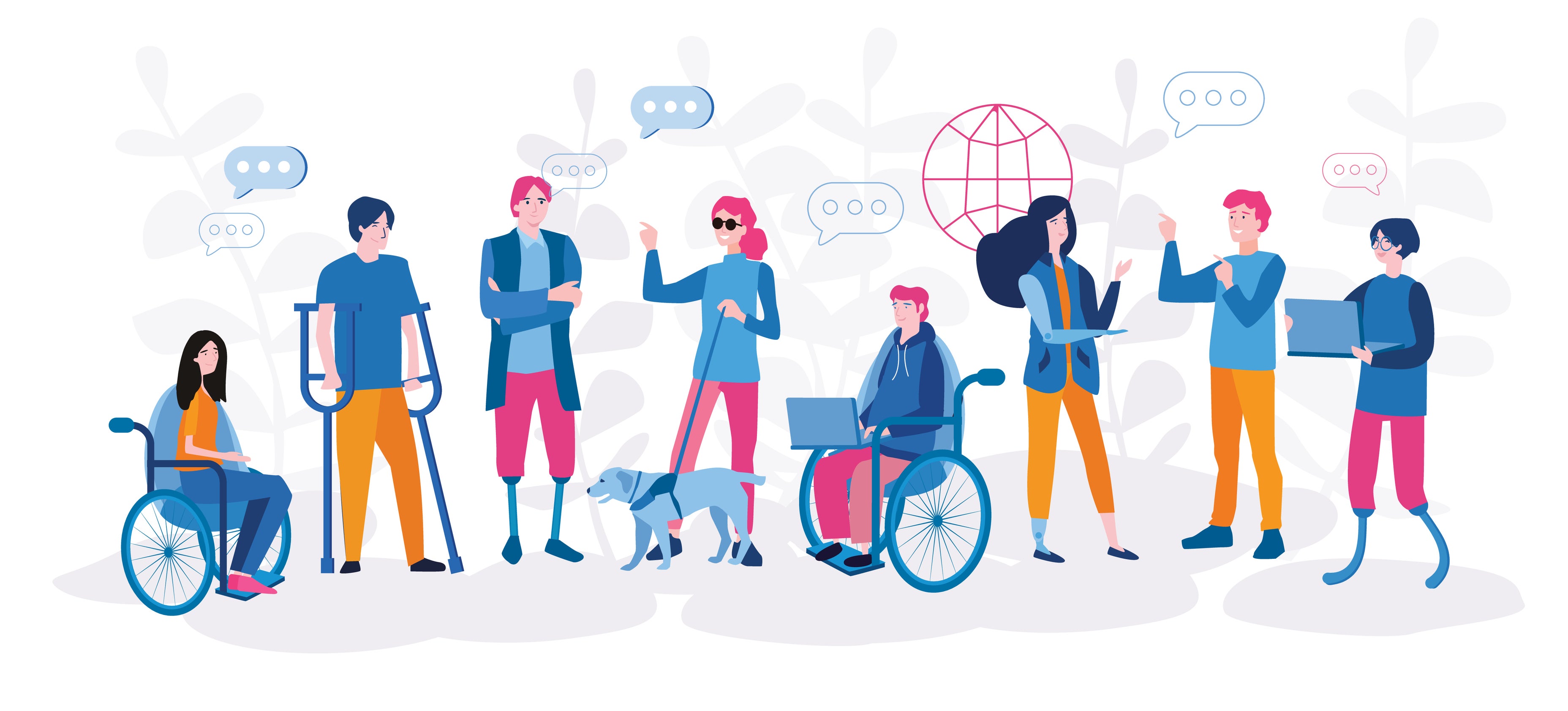 illustration of group of people with disabilities communicating in various ways includes whellechair with laptop, blind with dog pointing, crutches, signing, ...