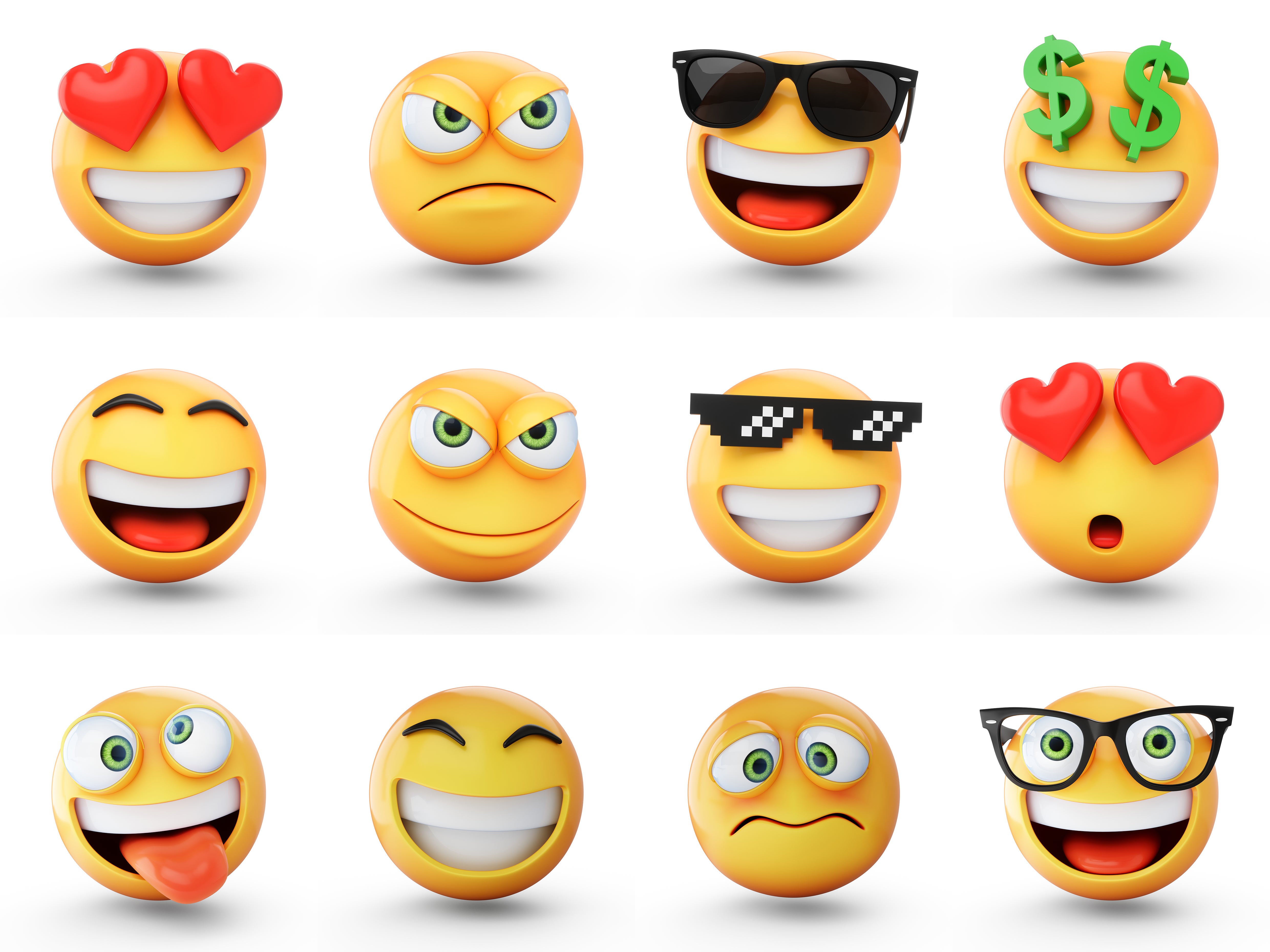 An array of emojis, some with eyes popping out, others with symbols, like dollar signs, in looks not normally seen.