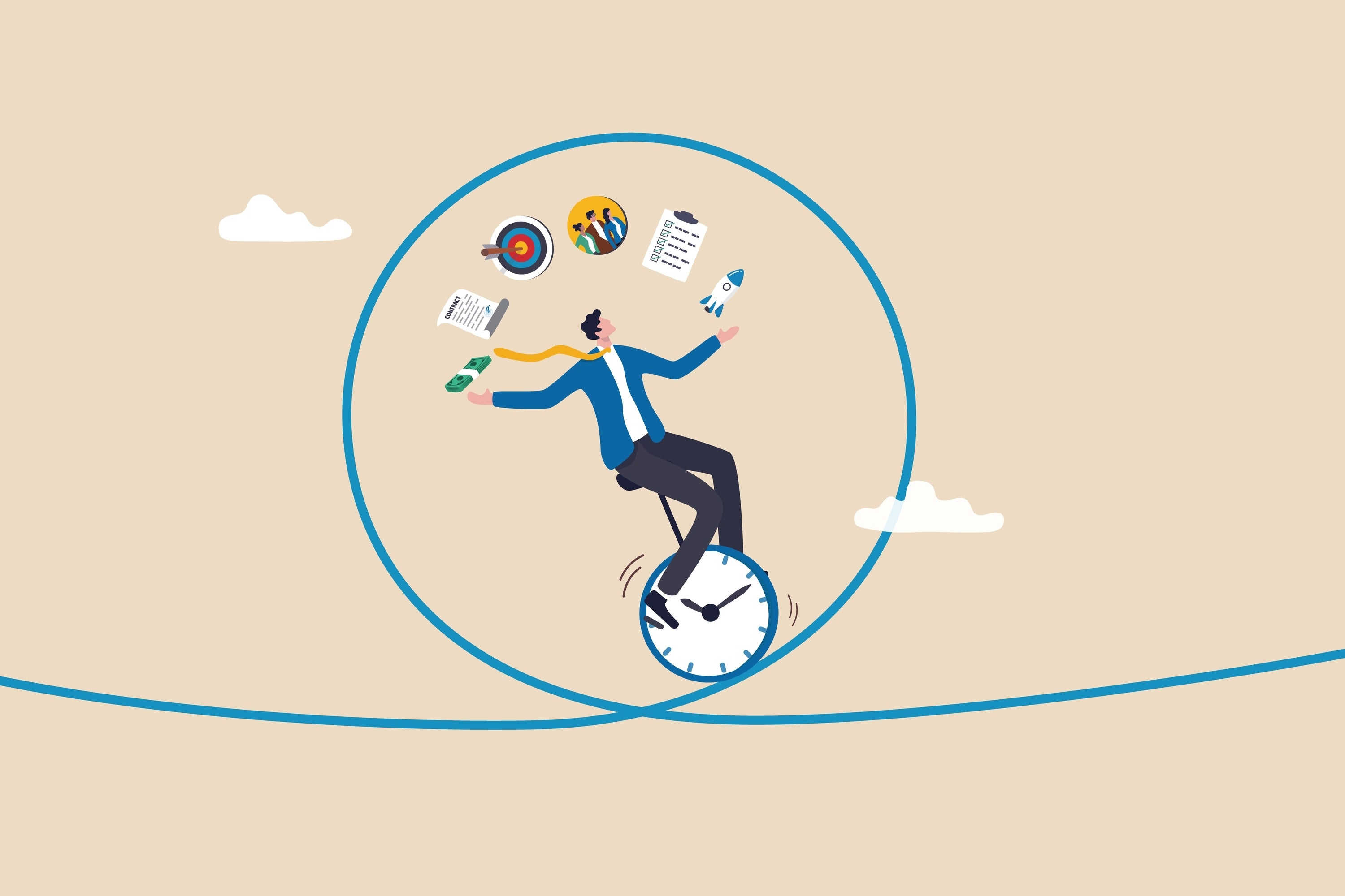 illustration of person on unicycle with wheel a clock, juggling stuff, including money, paperwork, notes, with circle as though going back and forth