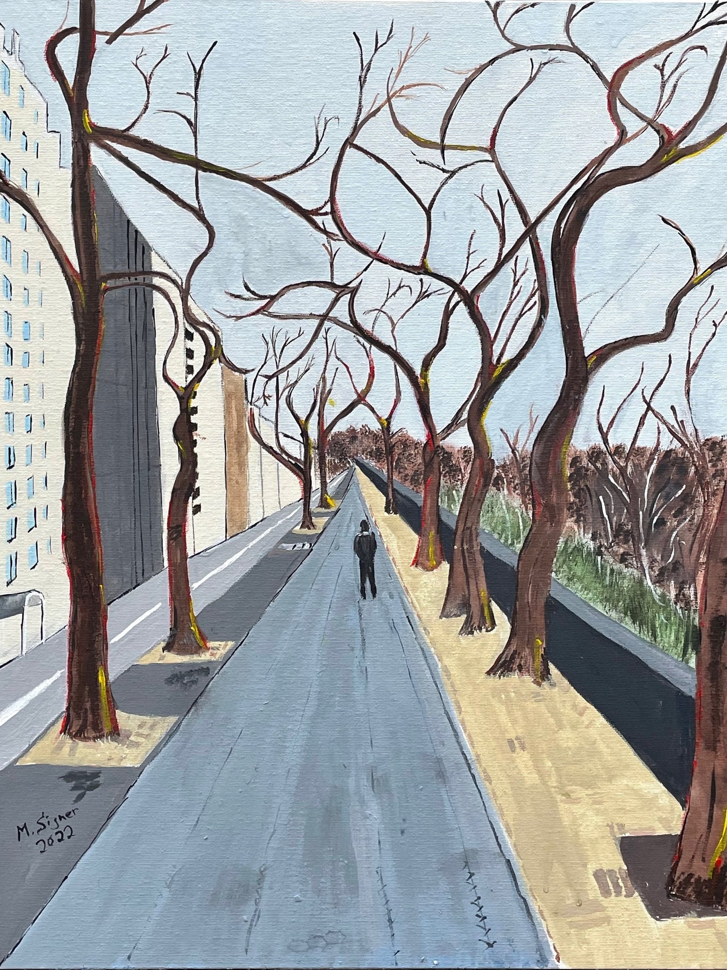 Michael Signer painting of bare trees in March along 5th Ave., New York, NY.
