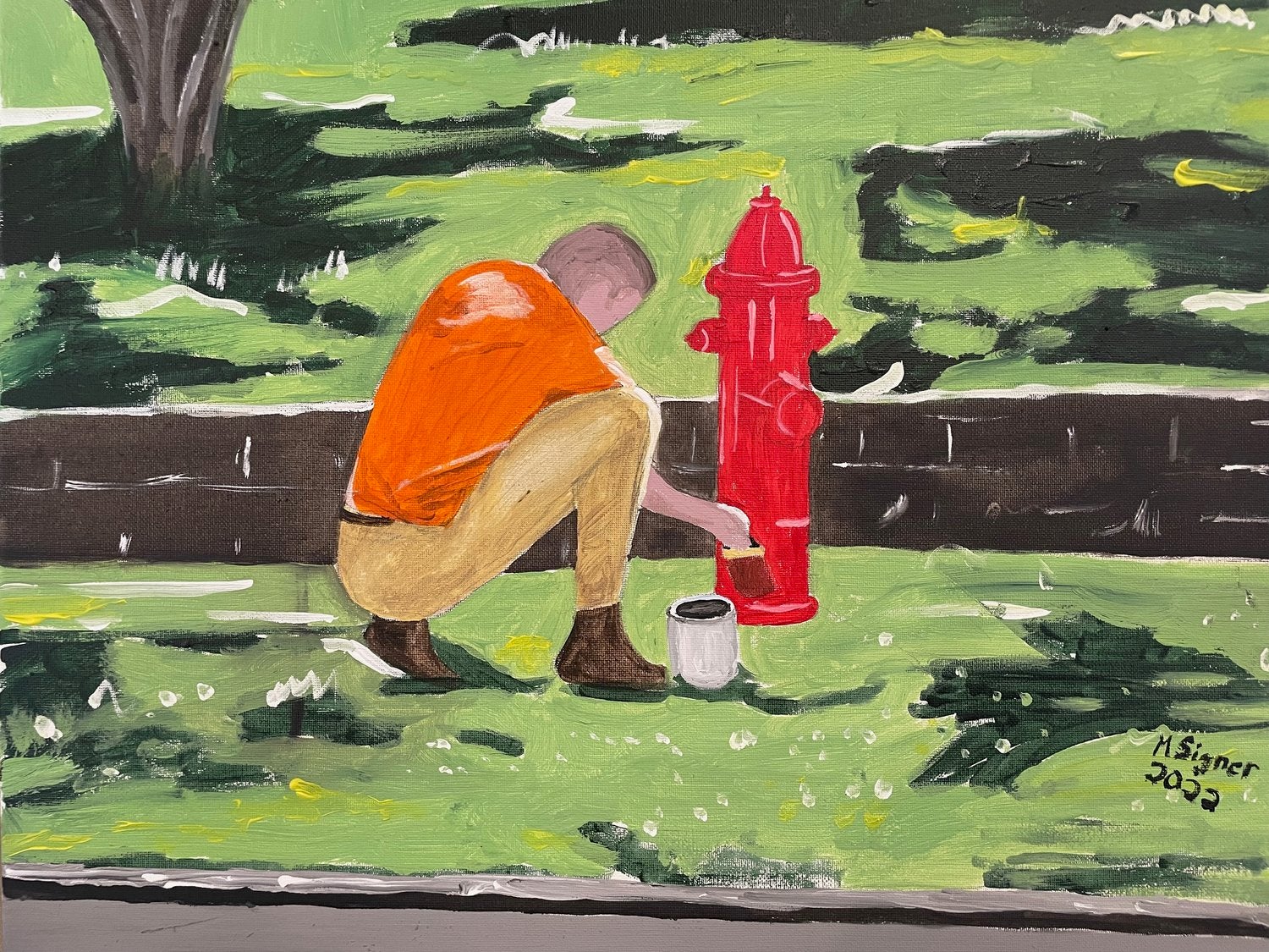 Michael Signer painting of man painting fire hyrdant.