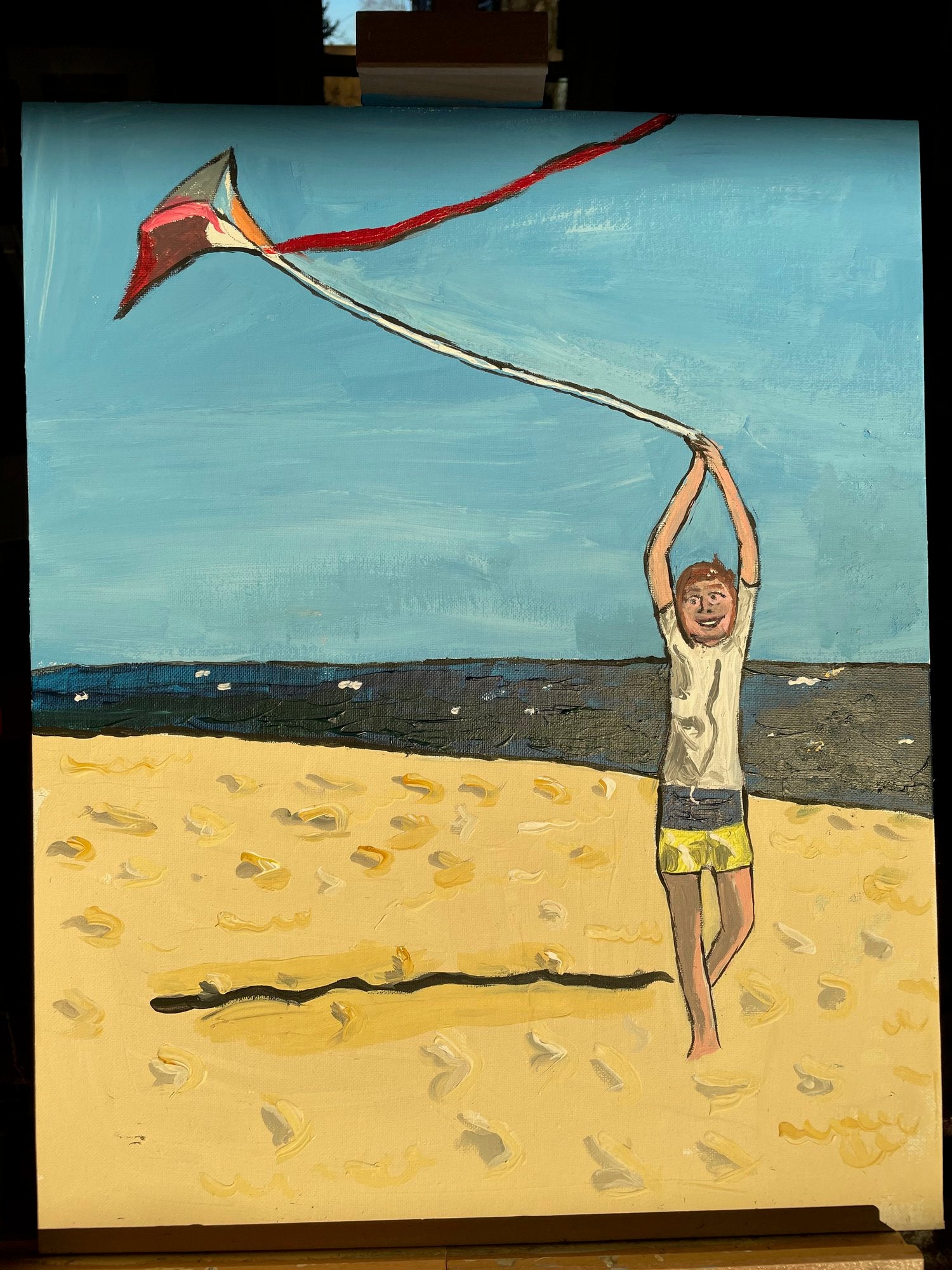 Michael Signer painting of boy with kite on beach with water in background.