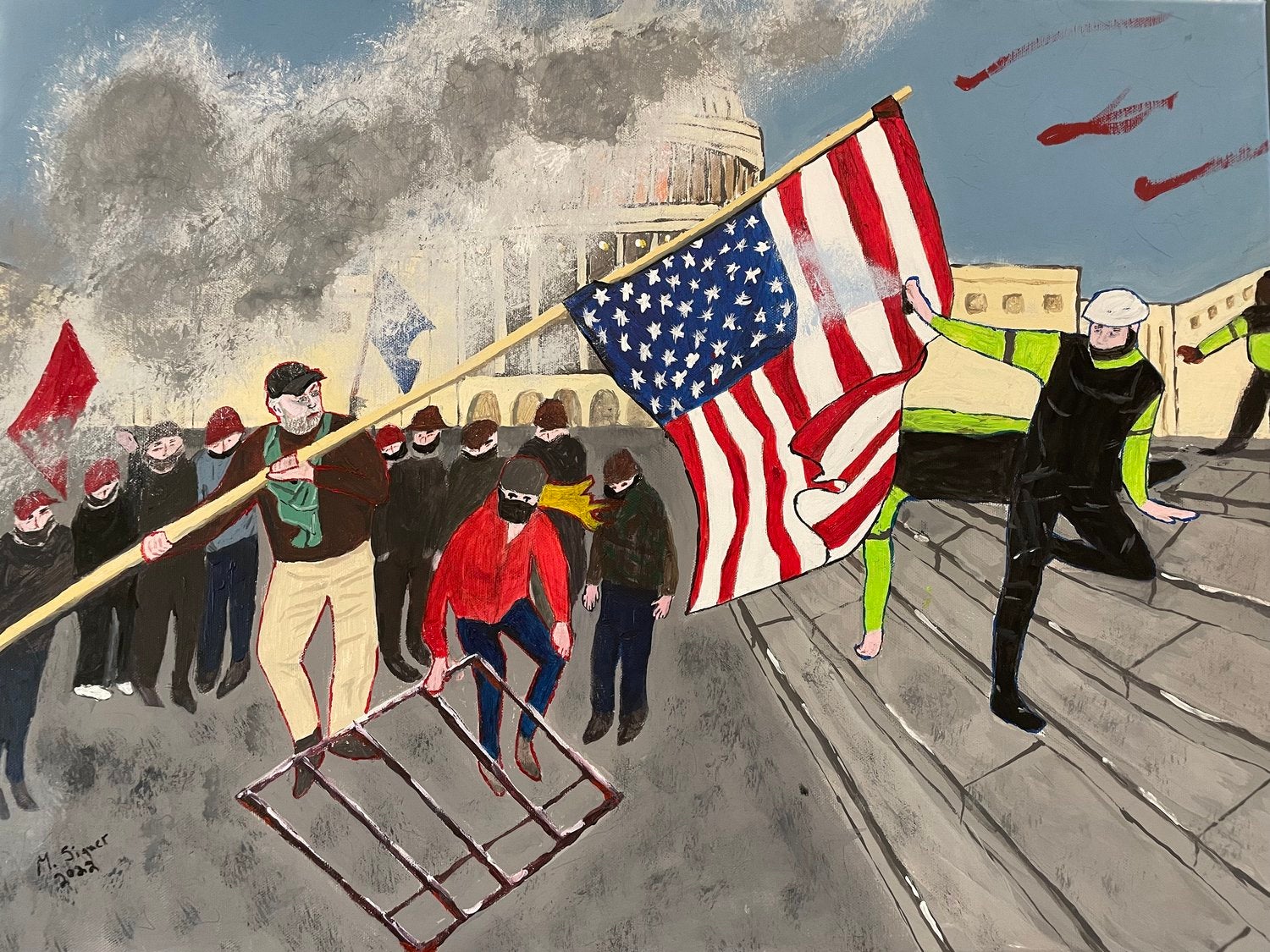 Michael Signer painting of upside down flag at US Capitol with ralliers, guards/police, and smoke.