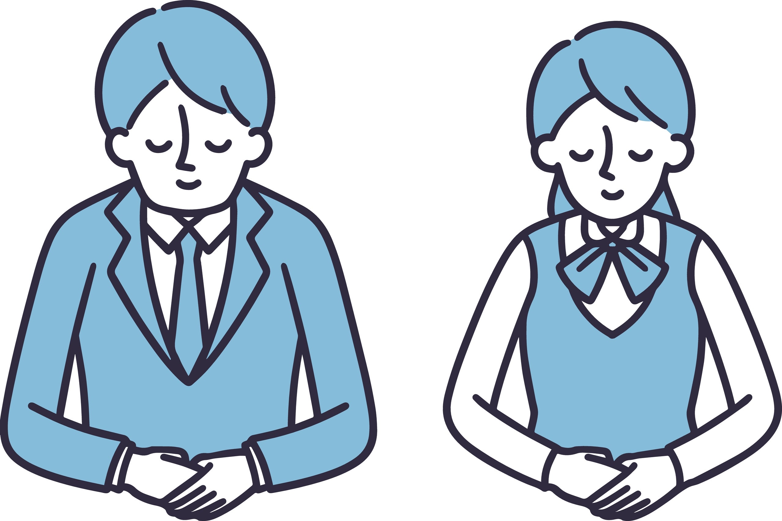 illustration of male and female, looking down, holding their hands, as though apologizing