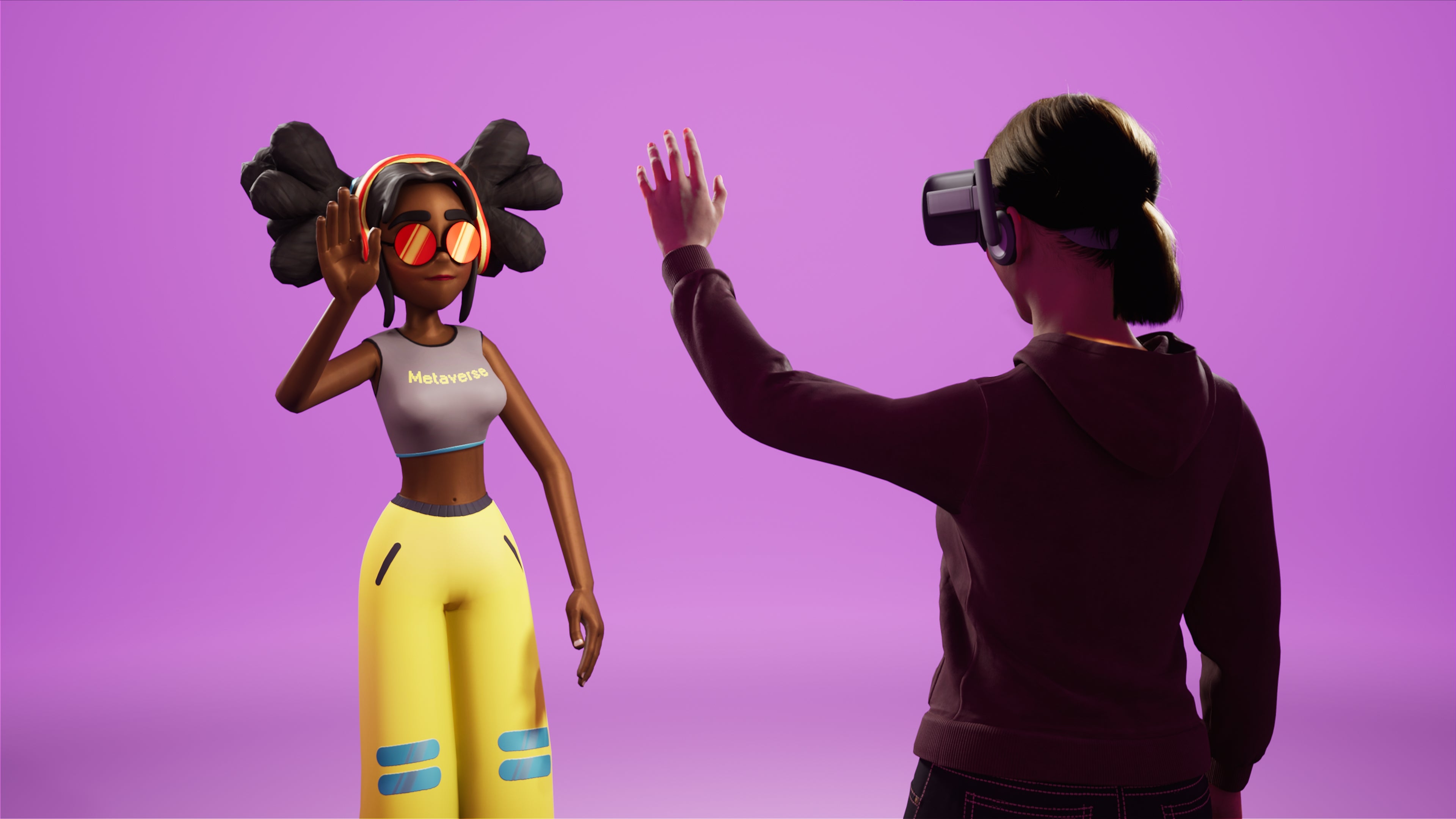 intended to show how some individuals avatars look different than they do -- an illustration of person, black skin, with virtual reality glasses on, wearing a hoodie, hair tied back, facing her avatar, which is wearing work0ut clothes, tight pants, tight cropped shirt, sunglases, fluffy pigtails