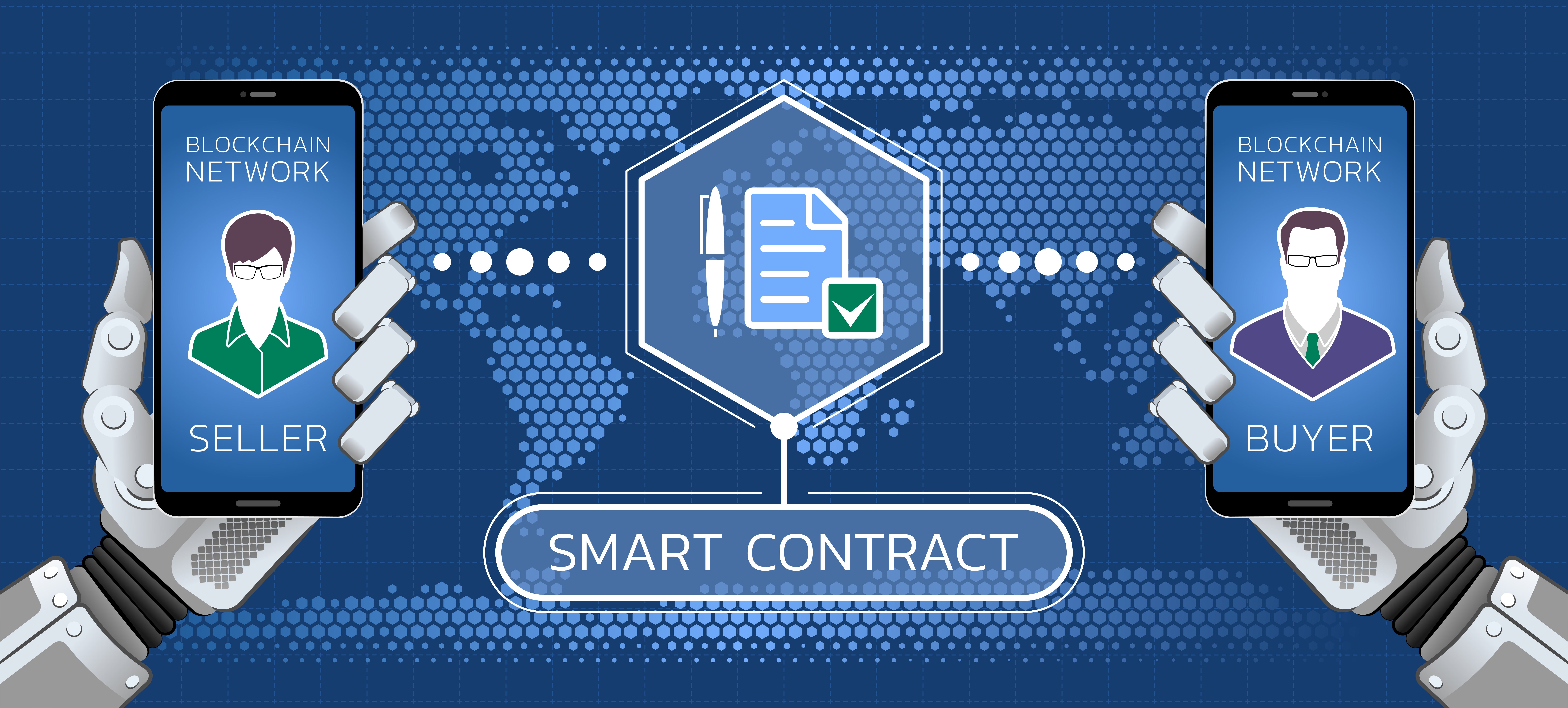 illustration of "smart contract" showing seller blockchain network phone and buyer's, with pen and notepaper in the middle as though connecting like written