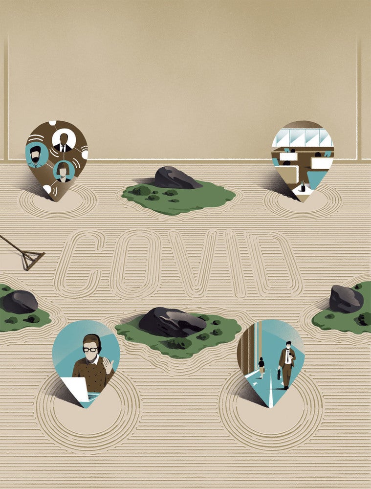 A sand garden with the word COVID. Several images of pandemic work life