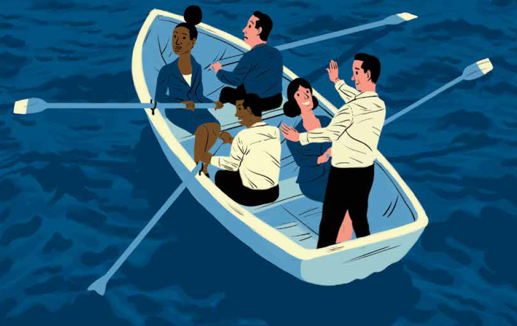 business people in a rowboat