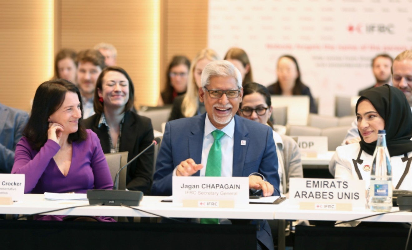 Permanent Representative of US to UN Geneva Sheba Crocker, IFRC Secretary General H.E Jagan Chapagain, and Deputy Permanent Representative of UAE to the UN Geneva Lubna Qassim