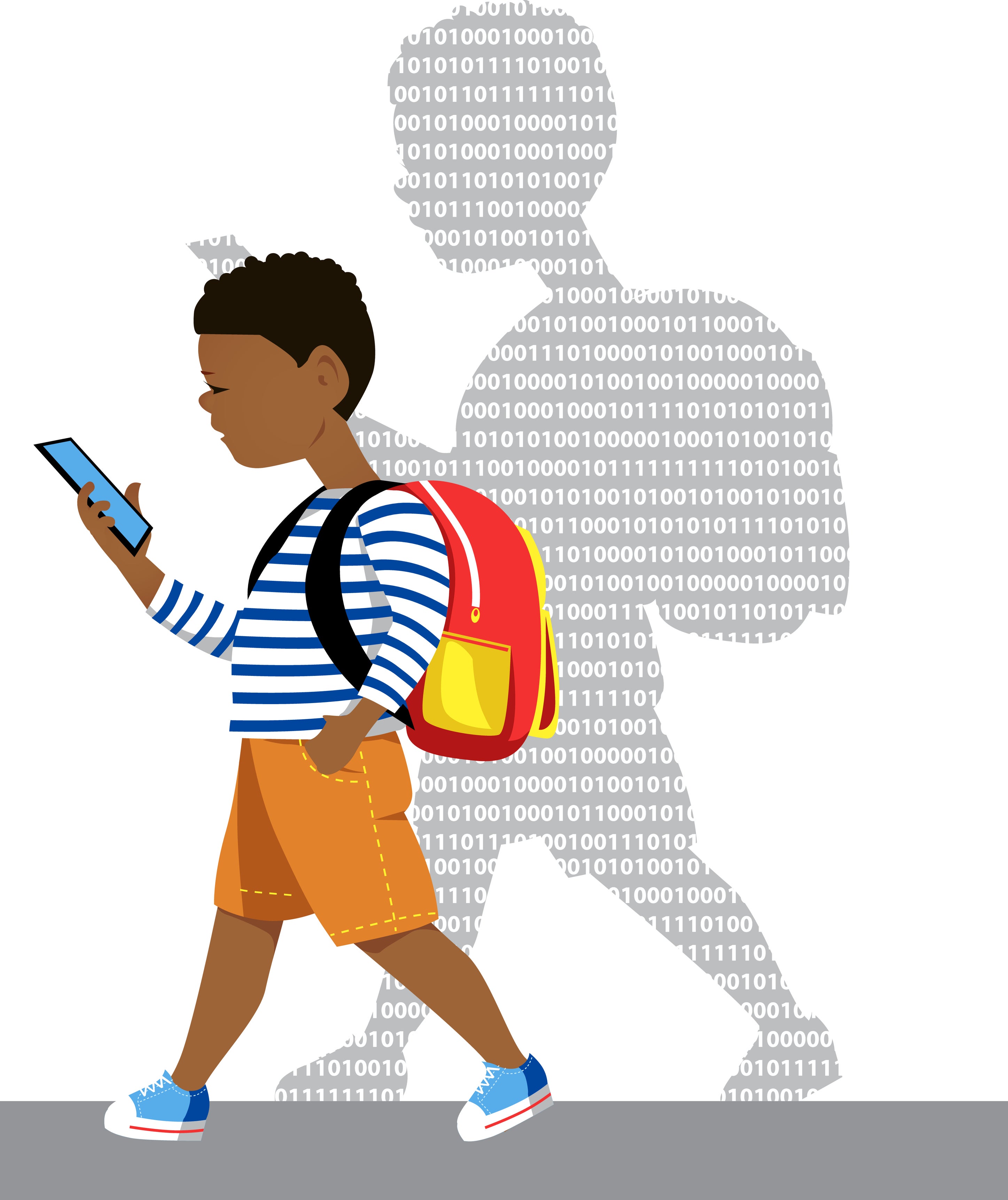 Little boy walking with a smartphone, his shadow showing computer code