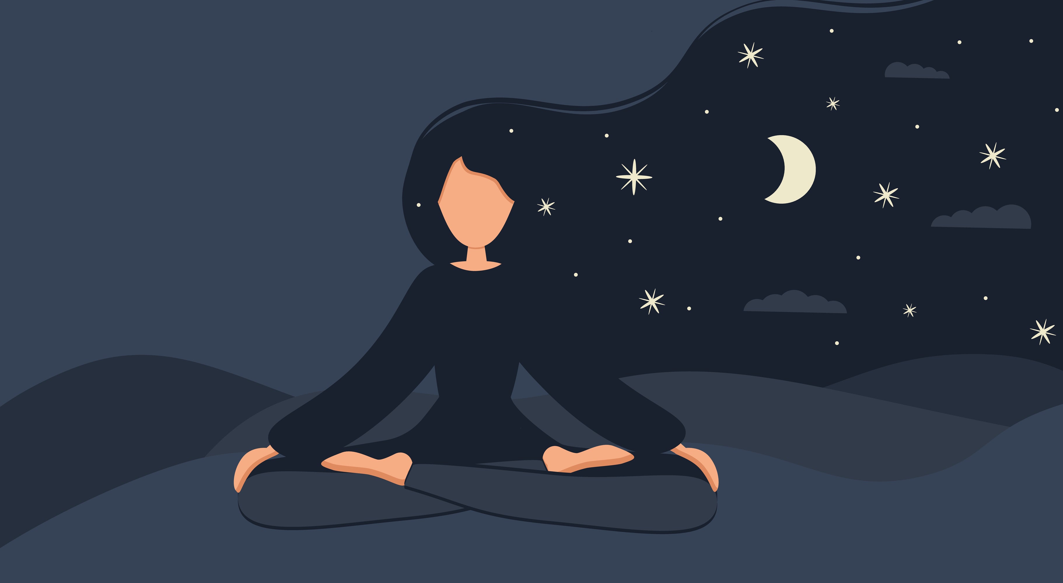 Woman meditating during night hours with the moon and stars in the background.