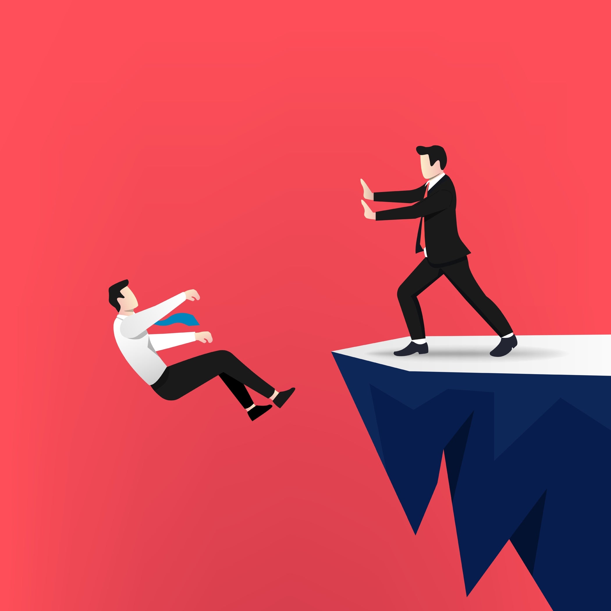 Businessman pushing other businessman off cliff displaying unethical concept.