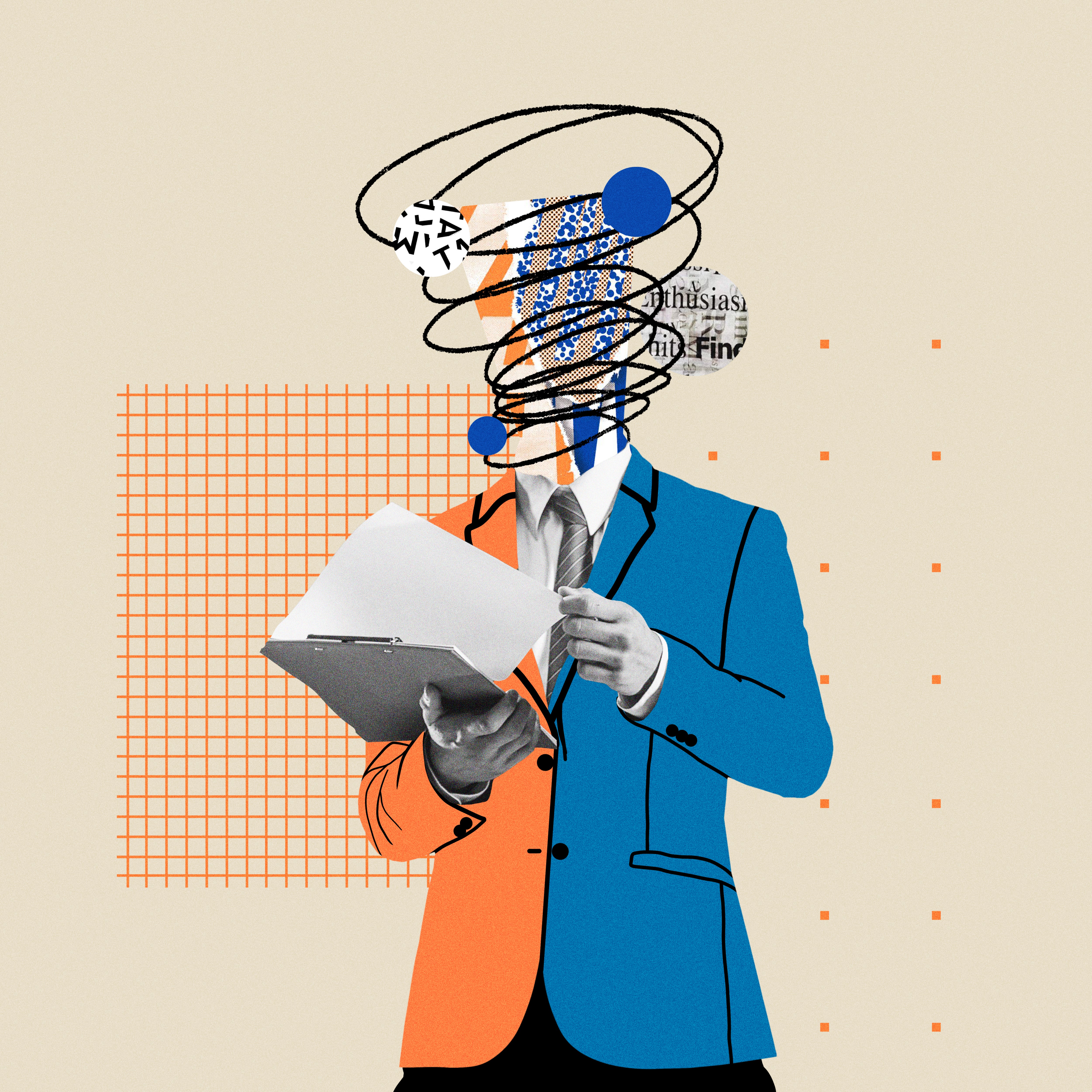 Business man in two toned orange and blue suit with abstract brain and artwork.