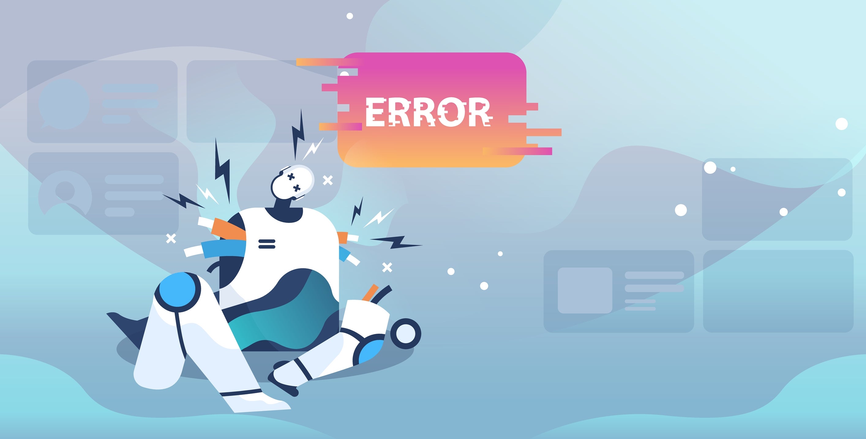 Broken robot showing error artificial intelligence failures overloaded.