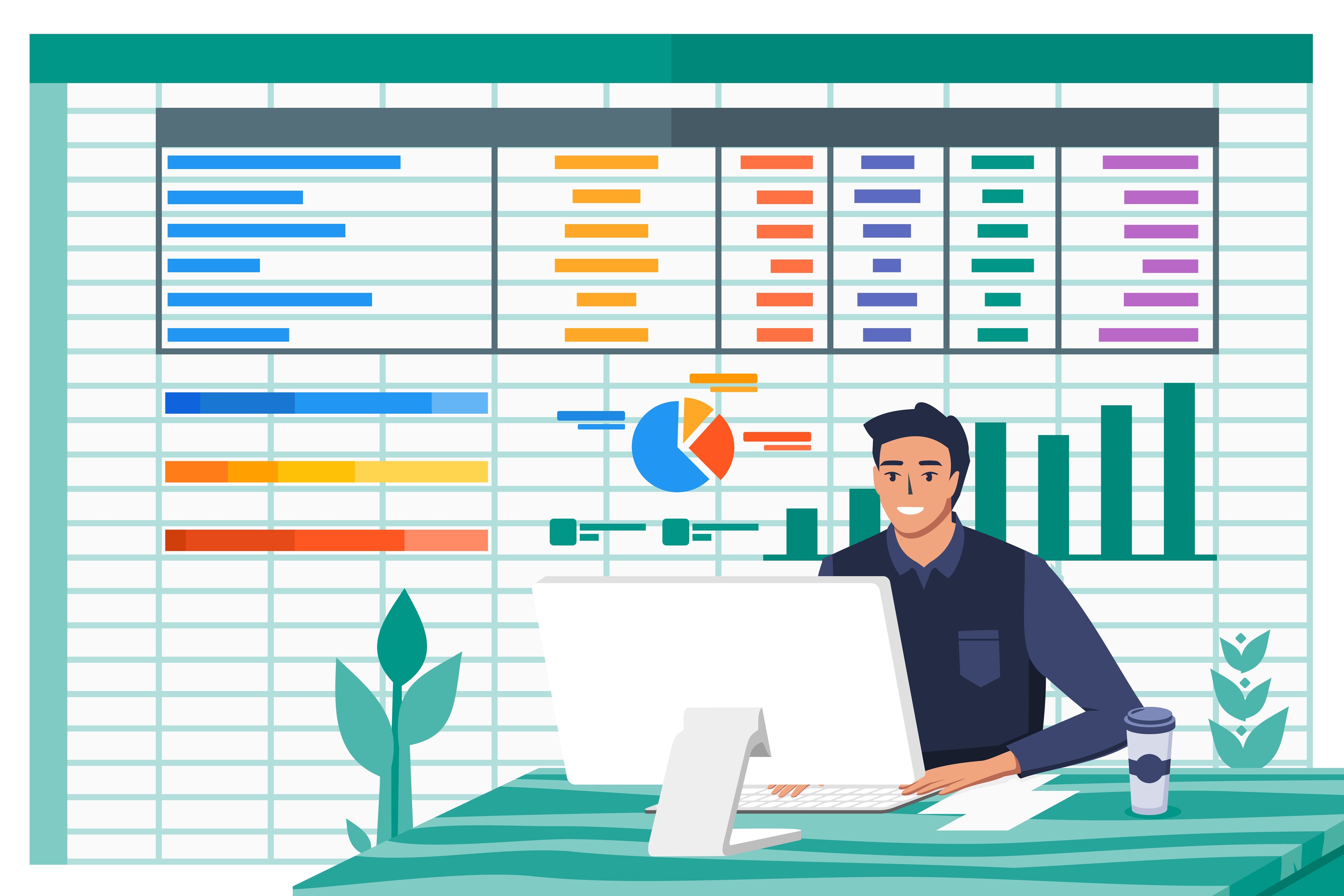 Young man working with spreadsheet paperwork program on computer screen in office. 