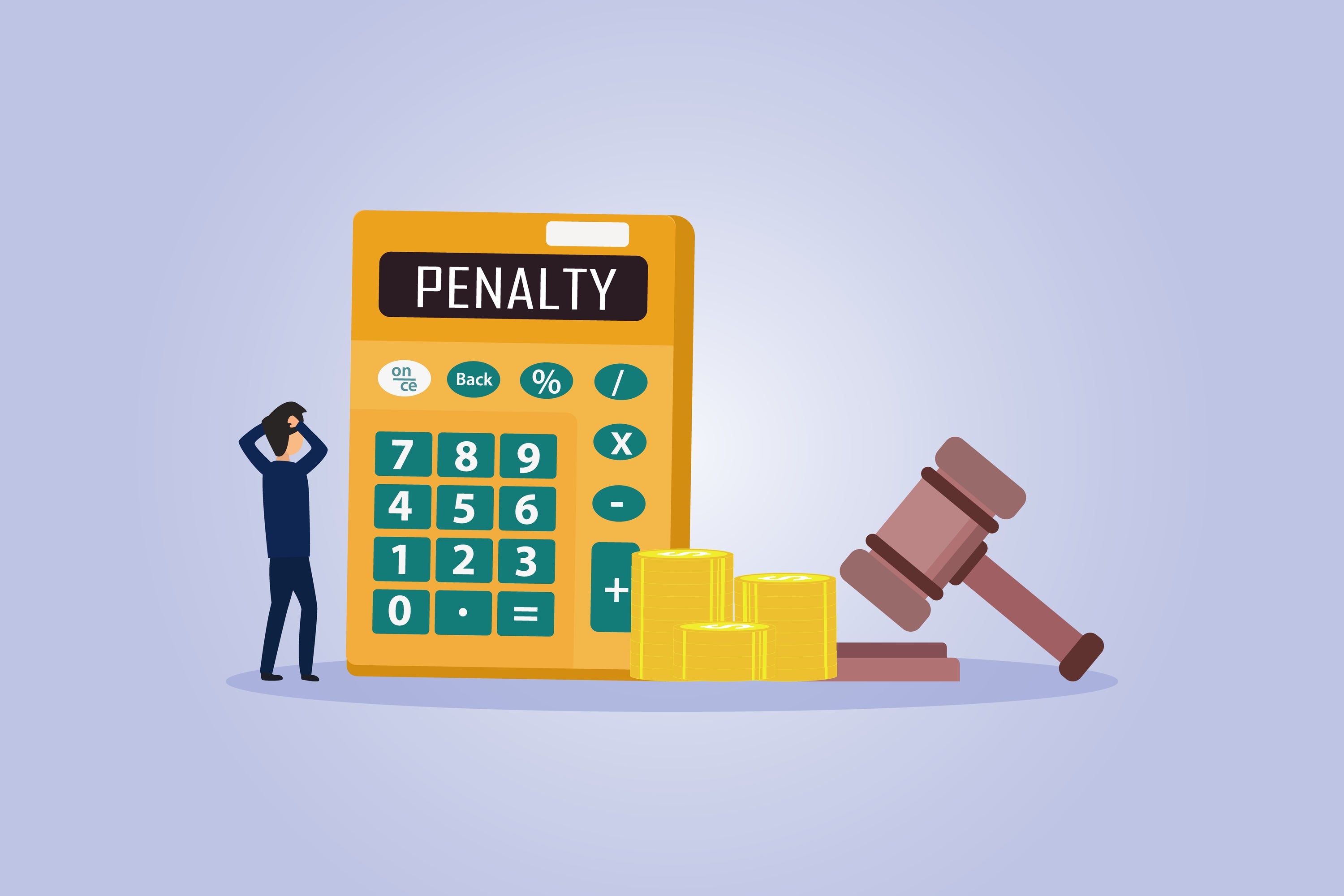 Businessman with Penalty text on the calculator with coins and justice gavel.