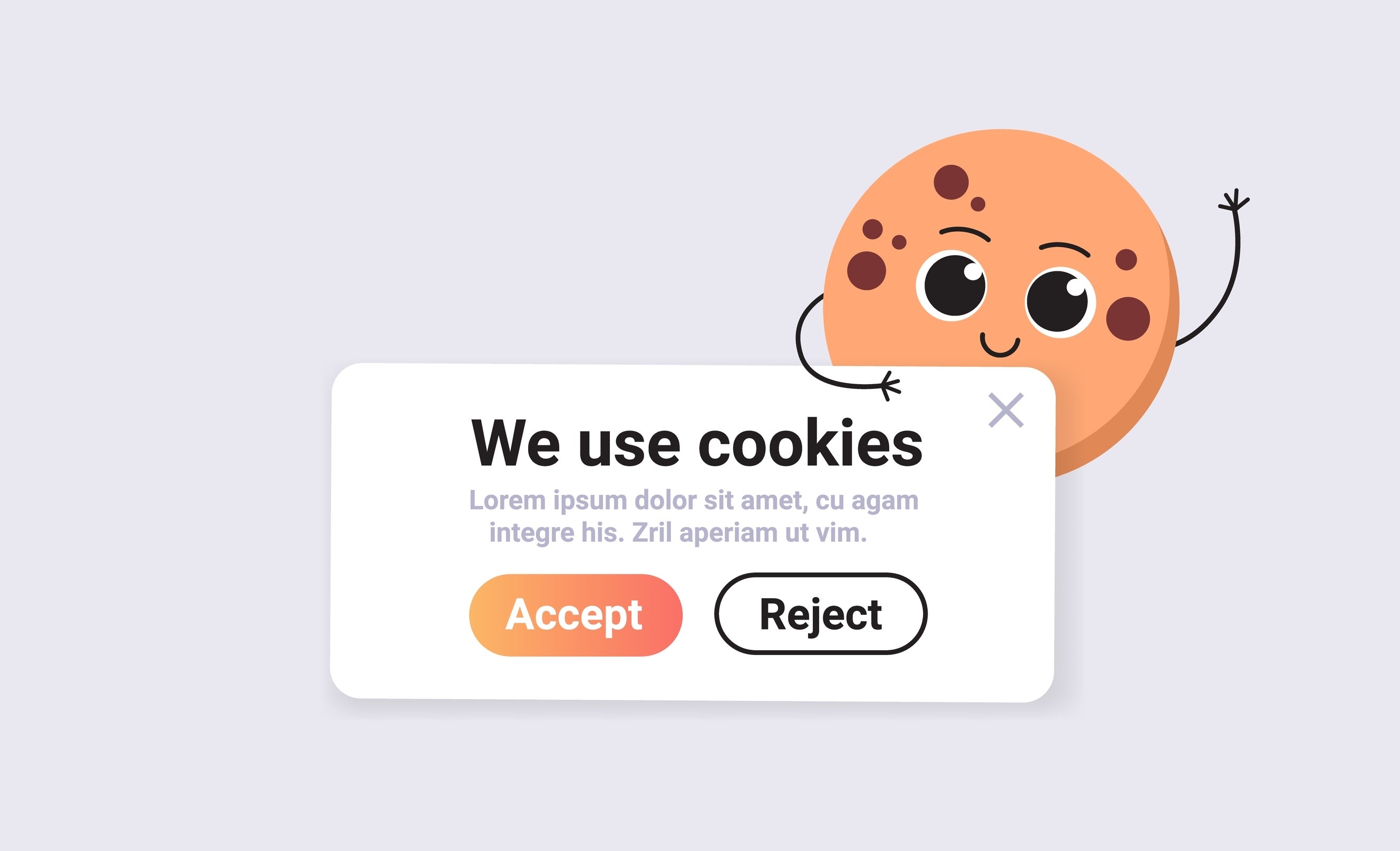 Cookie mascot character with internet web pop up we use cookies policy notification.