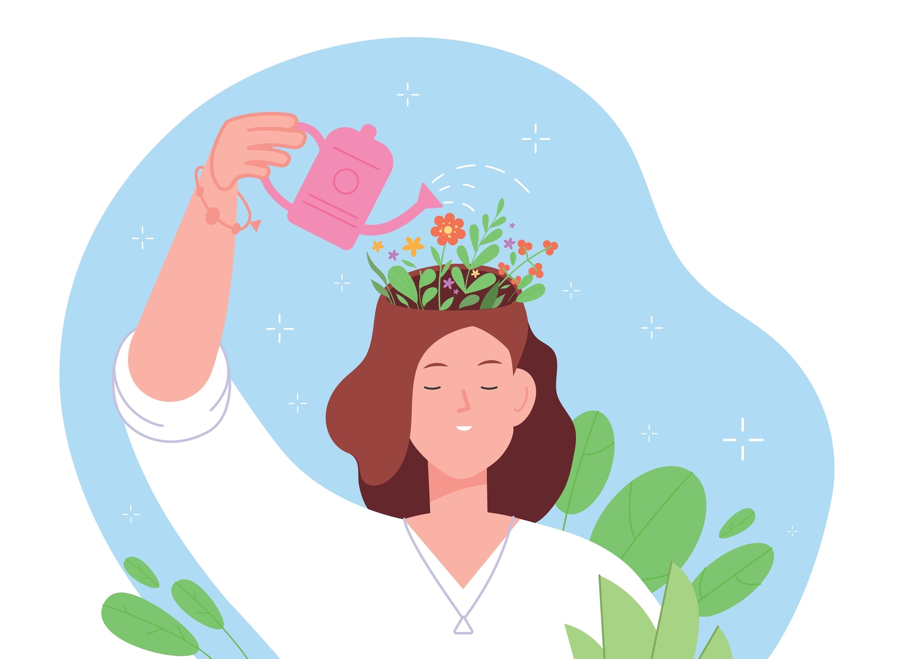 Optimistic thinking, confident woman pouring flower in self head brain.