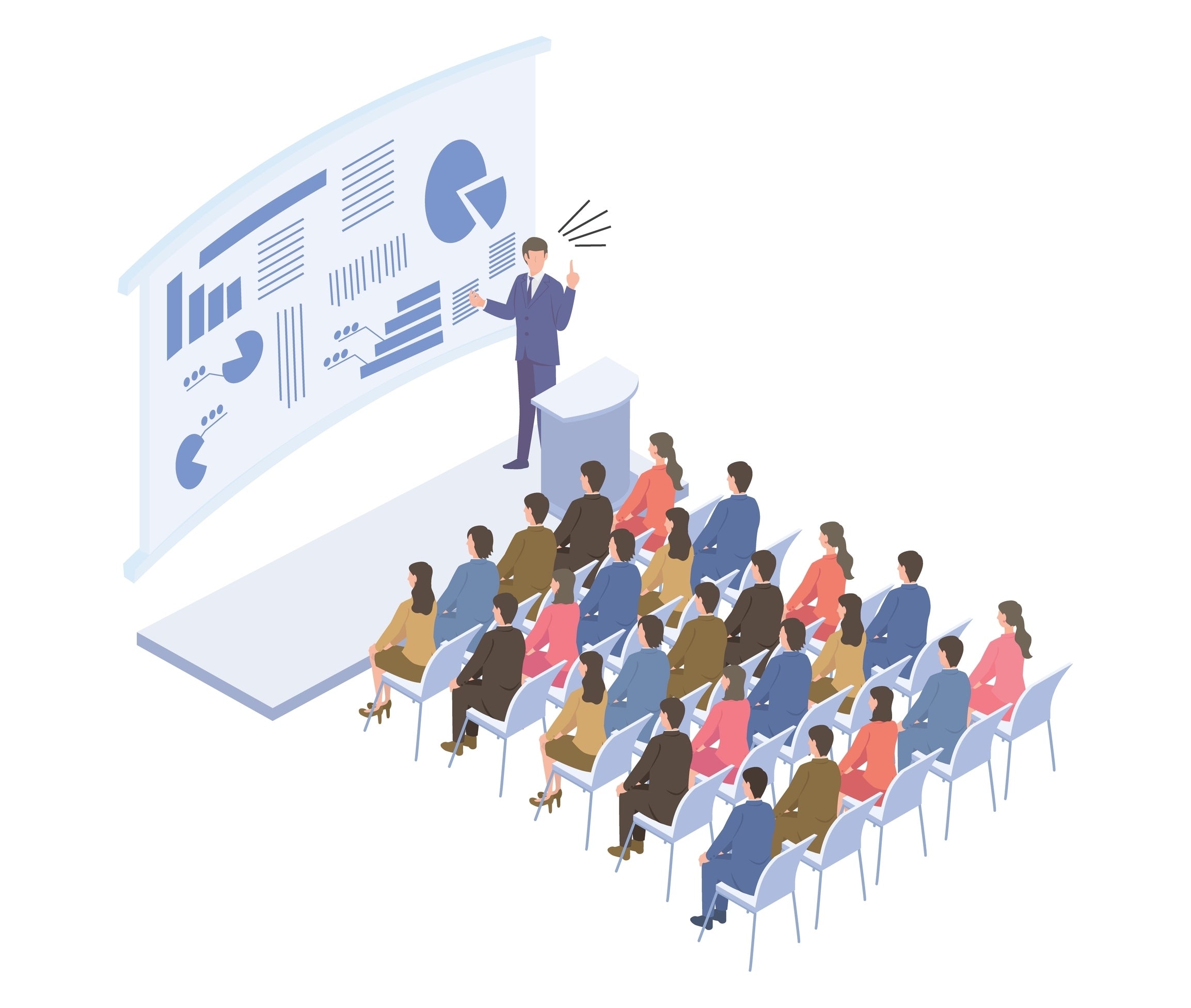 Isometric illustration of people attending popular business seminar.
