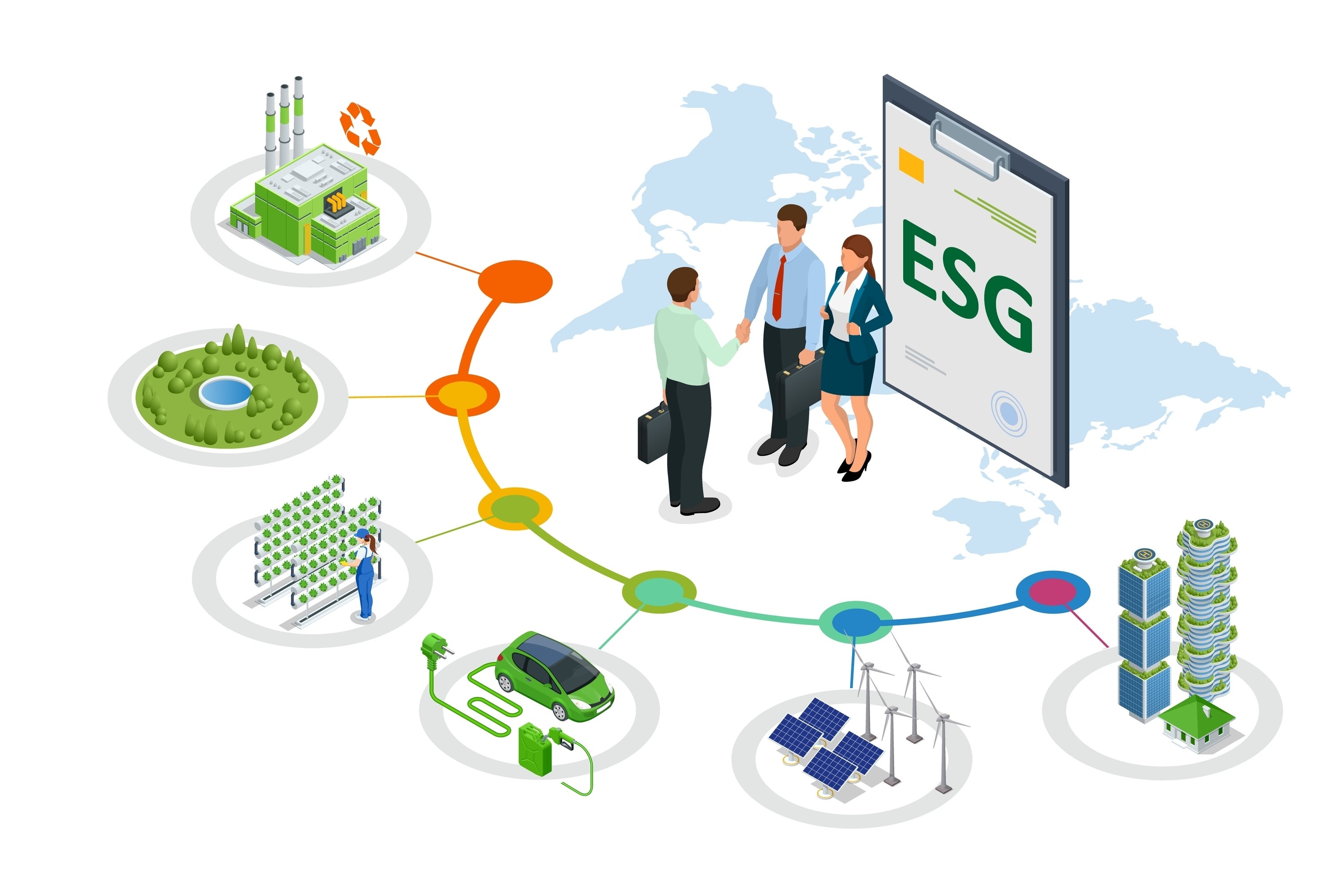 Isometric ESG concept of Environmental, Social and Governance.