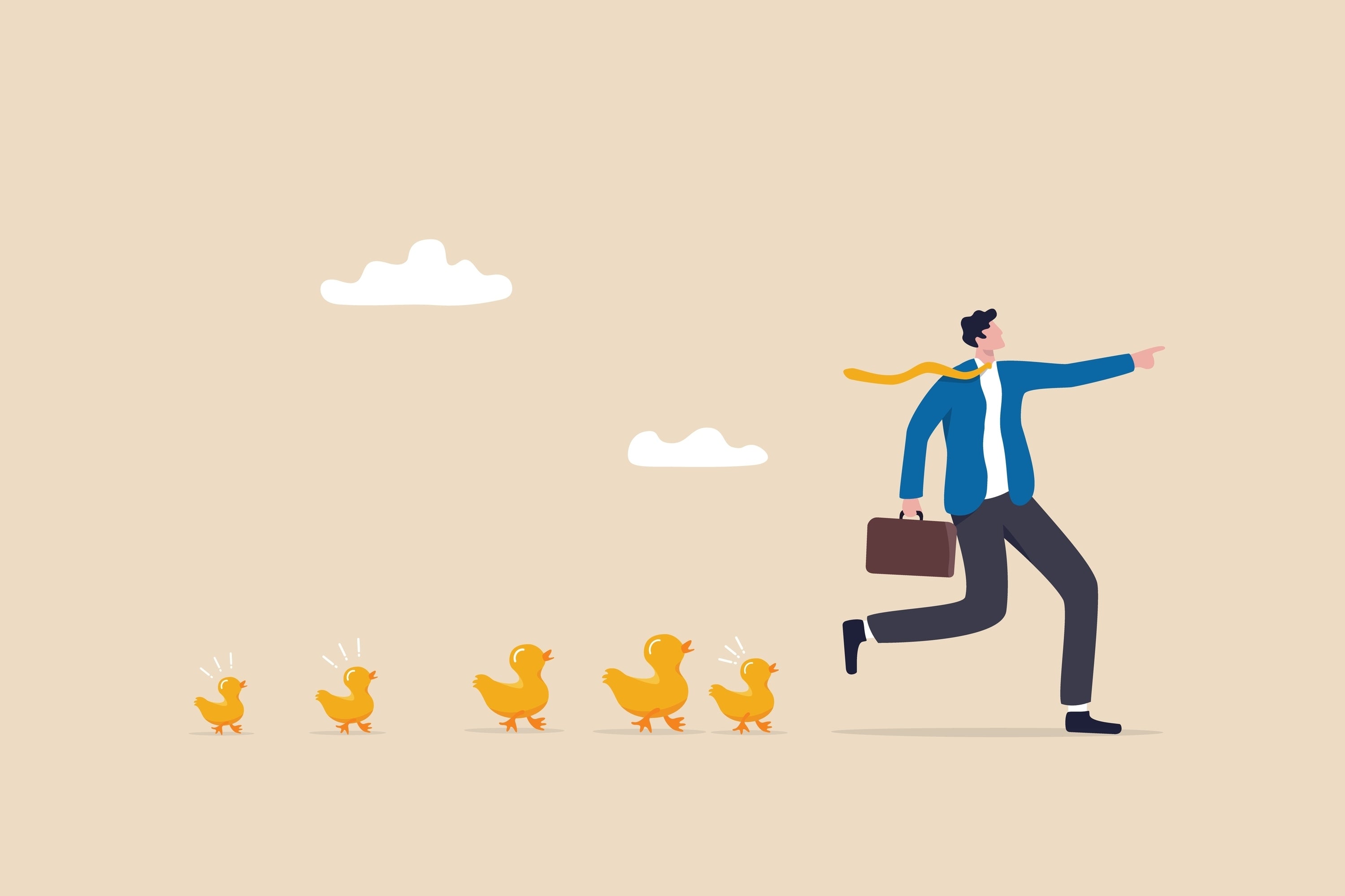 Businessman leader pointing in direction with following ducklings.