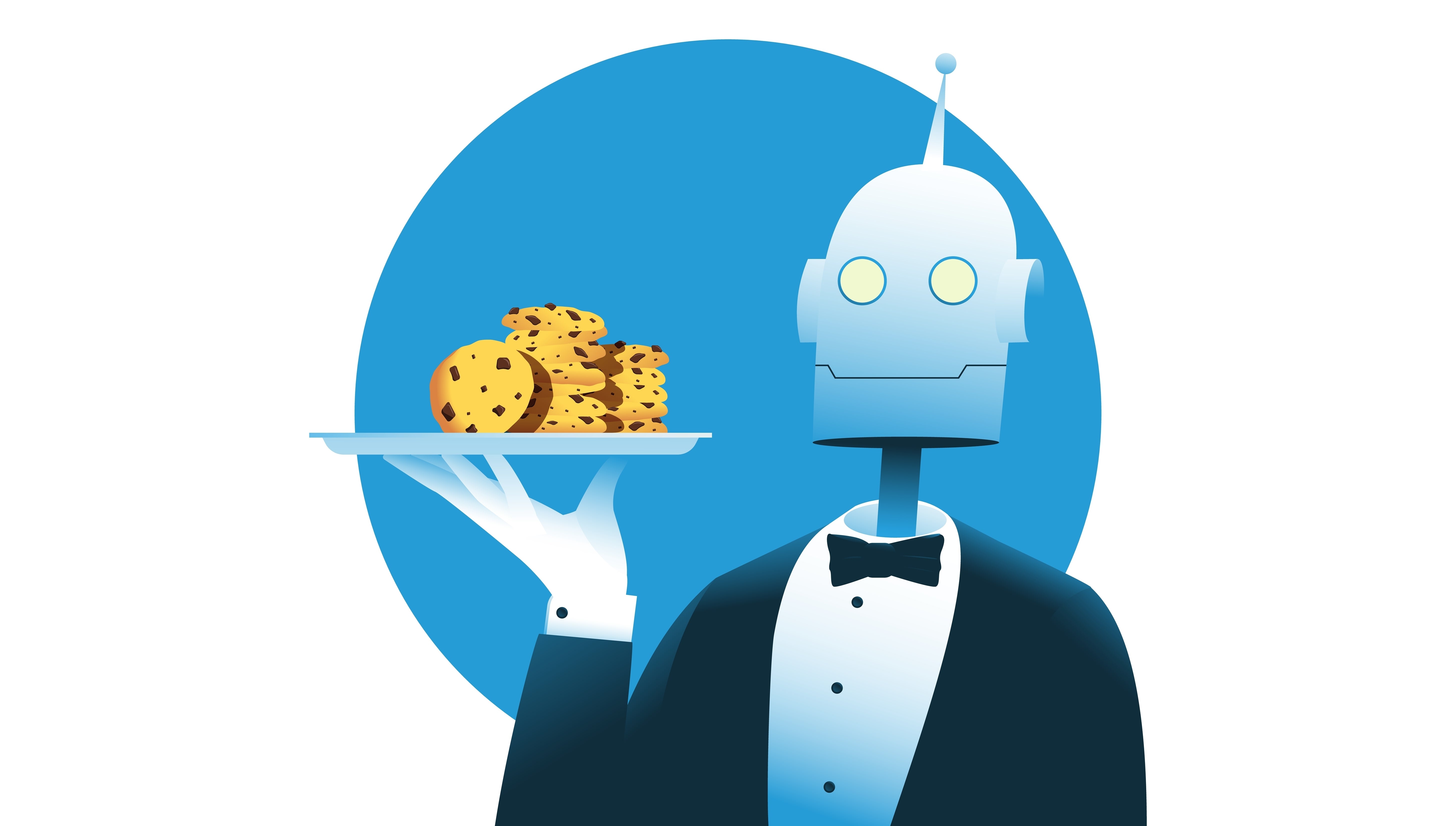 Robot holding a tray full of cookies. Internet privacy and security concept.