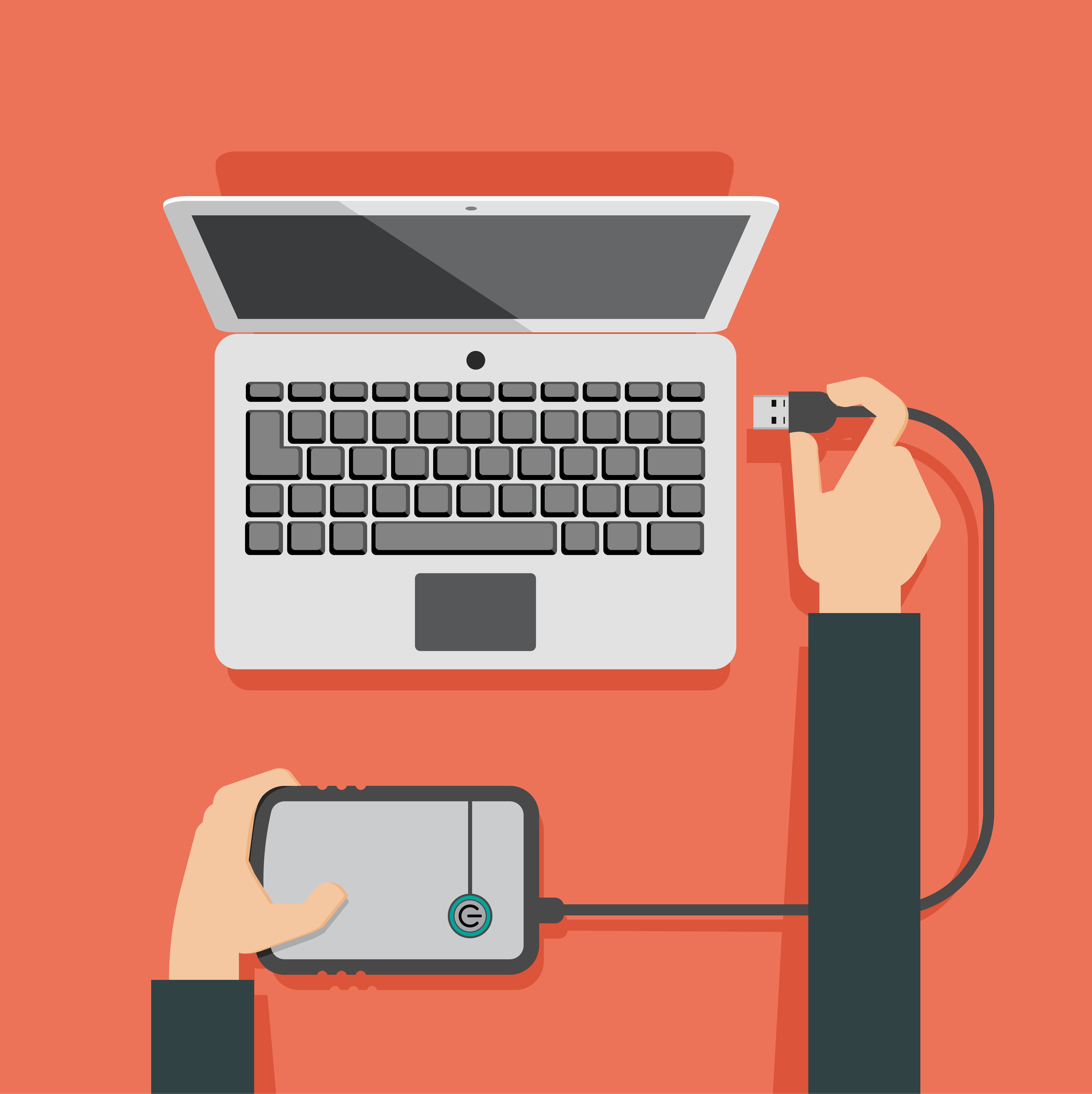 Vector illustration of laptop and hands attaching external memory to laptop.