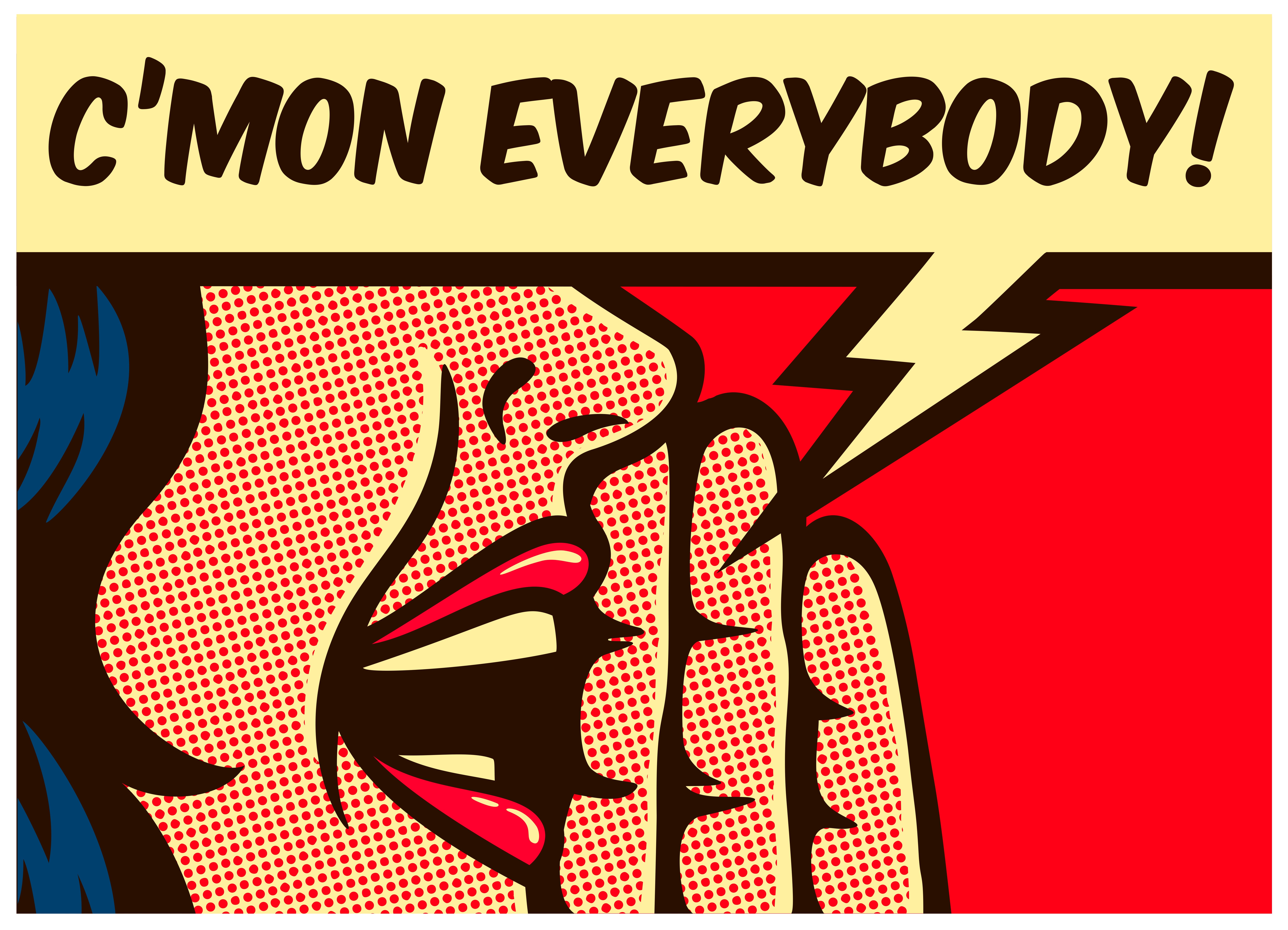 comic-book style illustration of person calling out "c'mon everybody!"