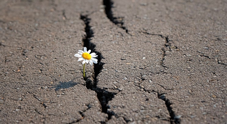 A flower growing through a crack in the pavement