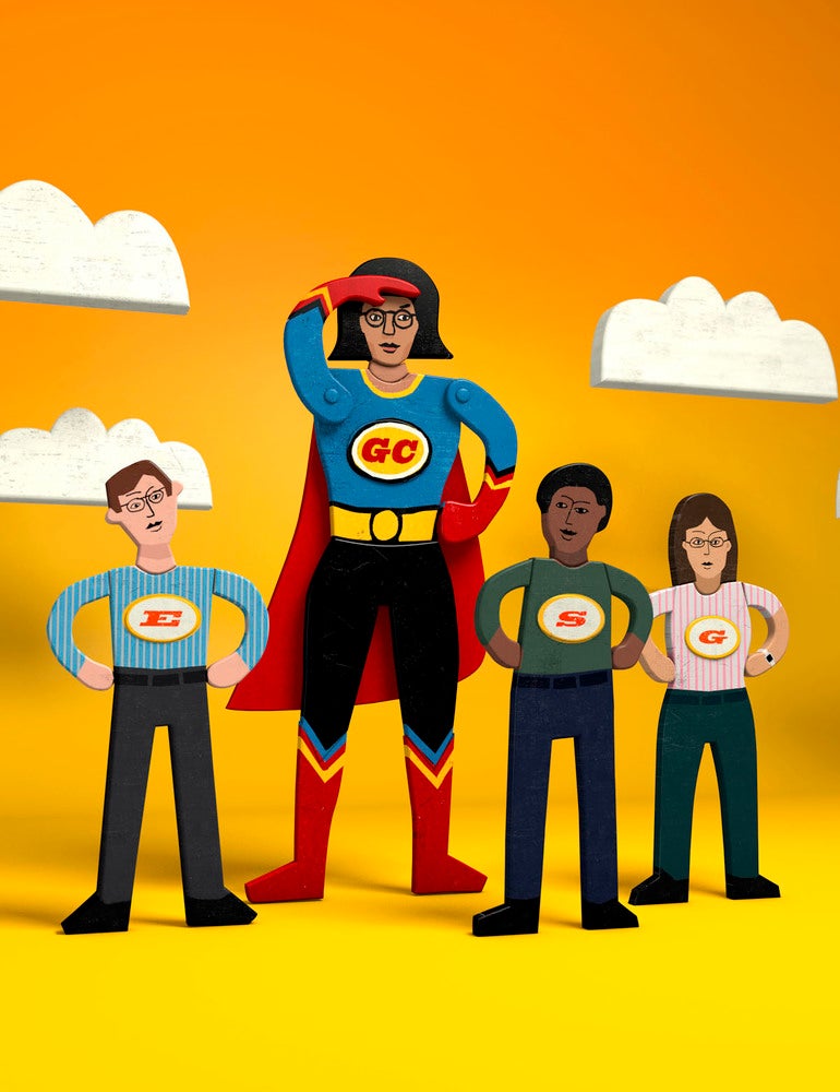A large super-woman with GC on her chest stands larger that 3 normal sized people with the letters E, S, and G.