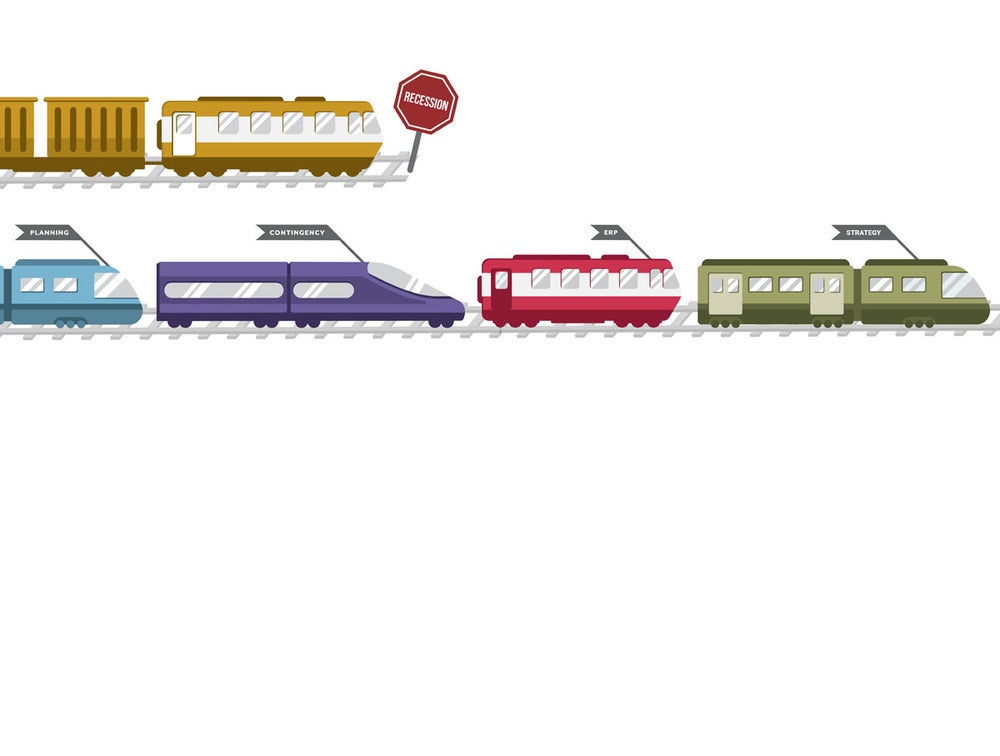 a train stopped at a stop sign that read recession. another train moving along labelled with the words planning, contingency, ERP, and strategy.