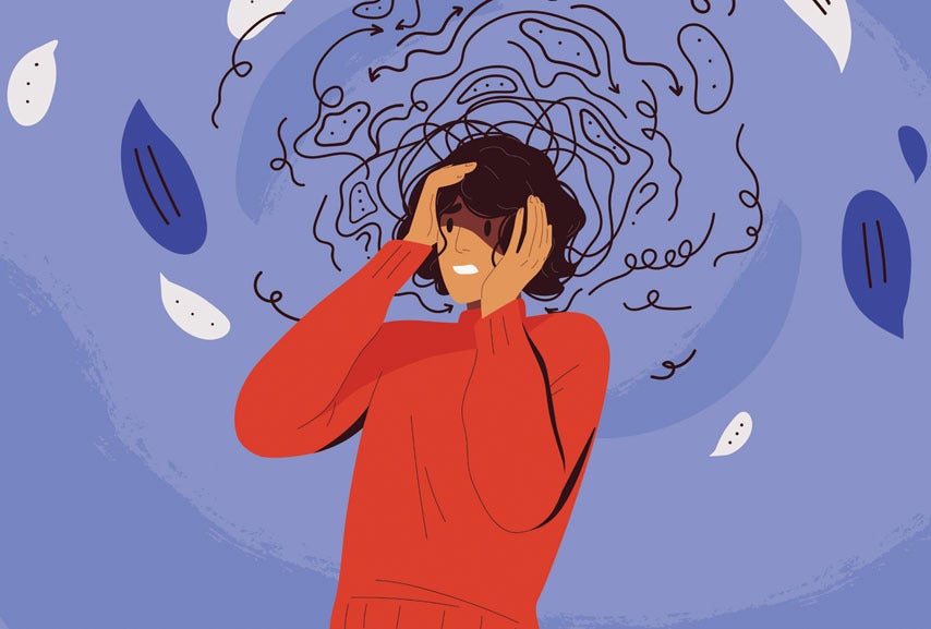 Artwork portraying an anxious woman surrounded by blue and squiggly lines.