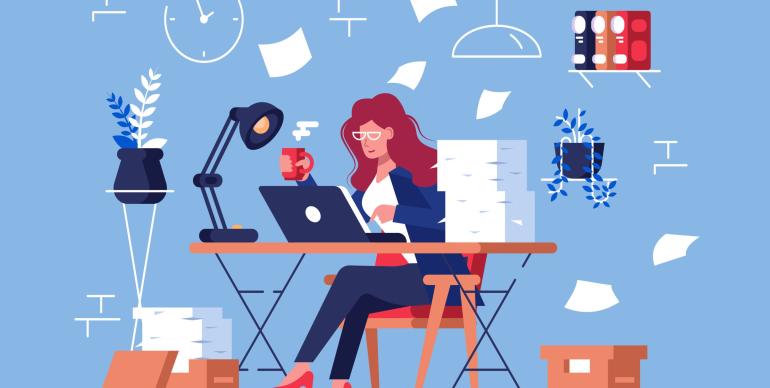 illustration of what appears to be woman, white, at desk, working laptop, papers flying background and piled next to her
