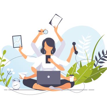 illustration-woman, white, it appears, w/estimated 7 arms, holding devices, phone, sitting criss-cross with laptop on lap, plants surrounding her