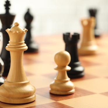 Black and white chess pieces facing each other on a chess board. 