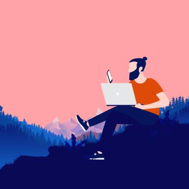 Illustration of man working on computer from wilderness. 