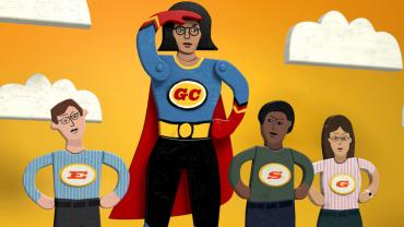 A large super-woman with GC on her chest stands larger that 3 normal people with the letters E, S, and G.