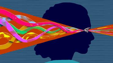 female silhouette with curvy lines going into her eye and straight lines exiting