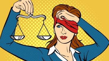 Pop art image of Lady Justice in a blue business suit lifting her red blindfold to peer at the silver scales she's holding in front of a yellow background.
