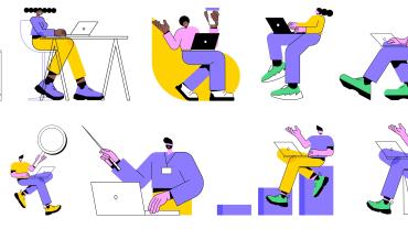 illustration of people, dark and light skin color, working, some on desks, come just on chairs with laptops, as though working remotely, some maybe in workplace, some together
