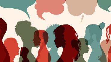 illustratation of people in blues, reds, tans, with hairstyles showing diversity, and speech bubbles