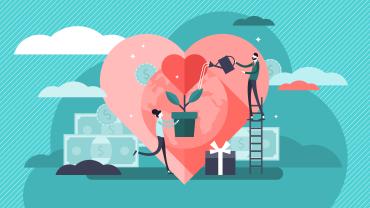 illustration focused on heart with heart inside as plant people are watering and it's surrounded by paper money