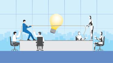 humans in a tug of war with robots over a lightbulb in an office setting
