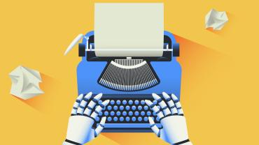 Robotic hands typing at a typewriter. 