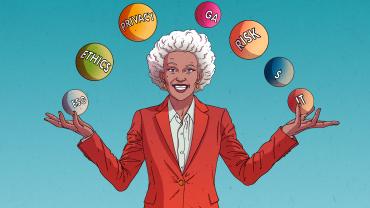 In-house counsel juggling balls with labels of Risk, Ethics, Privacy, GA, IT, ESG, and Finance.