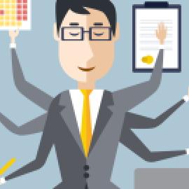 color drawing of man with six arms balancing a clipboard, phone, calendar, etc., but with arms turned up in relaxed pose