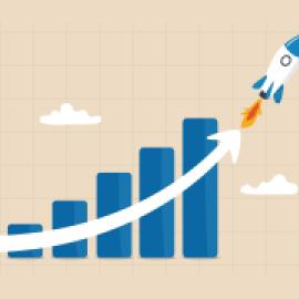 plane soaring from take off to sky along arrow pointing up over bar-graph columns, clouds
