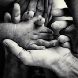 black-and-white of hands holding each other, different skin shades