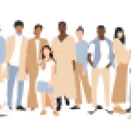 lillustration of people, different color skin, some gray hair, some with wheelchair, walker, cane, pregnant
